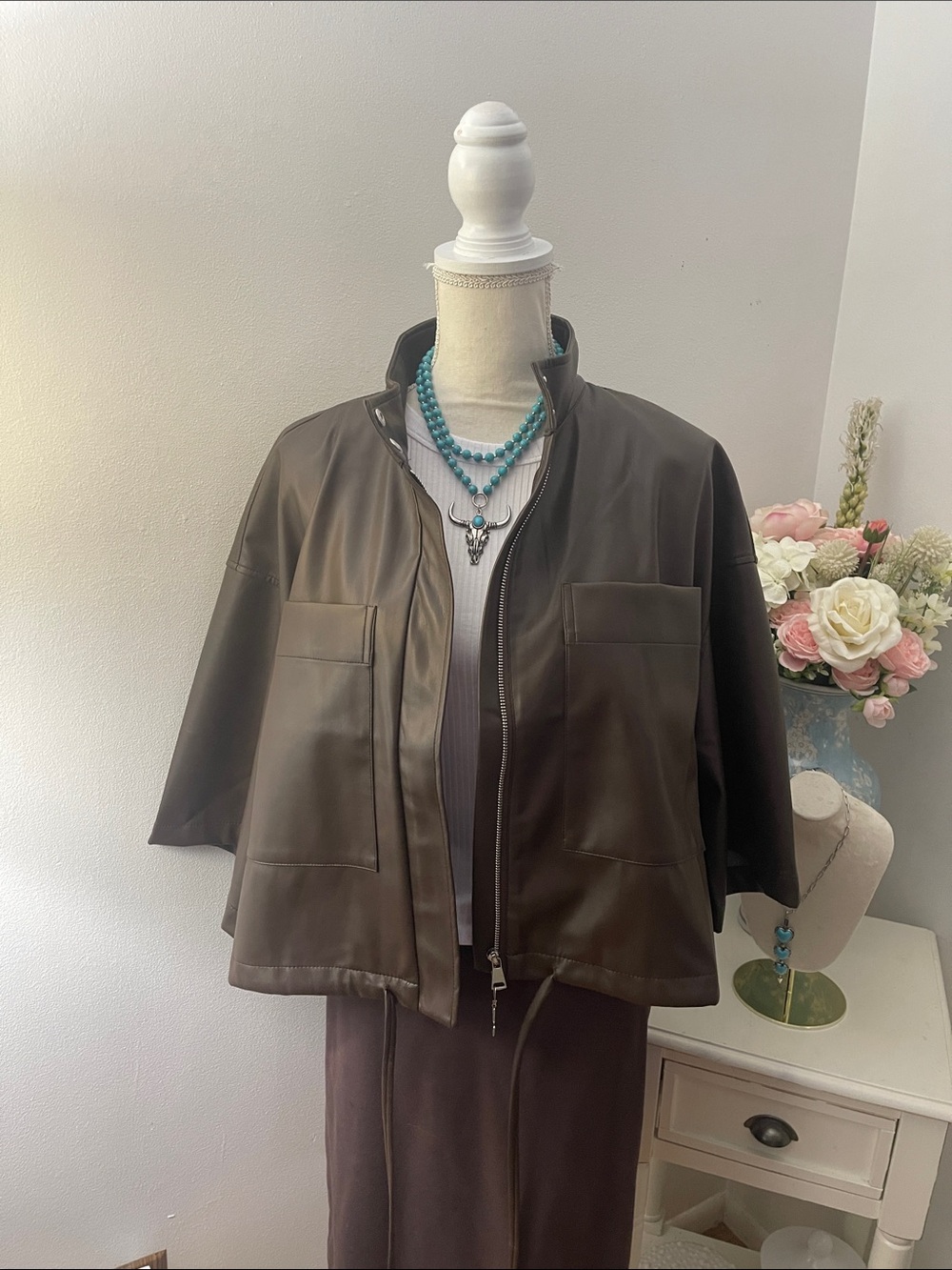 Naked Zebra Dark Brown Faux Leather Short Zip Jacket